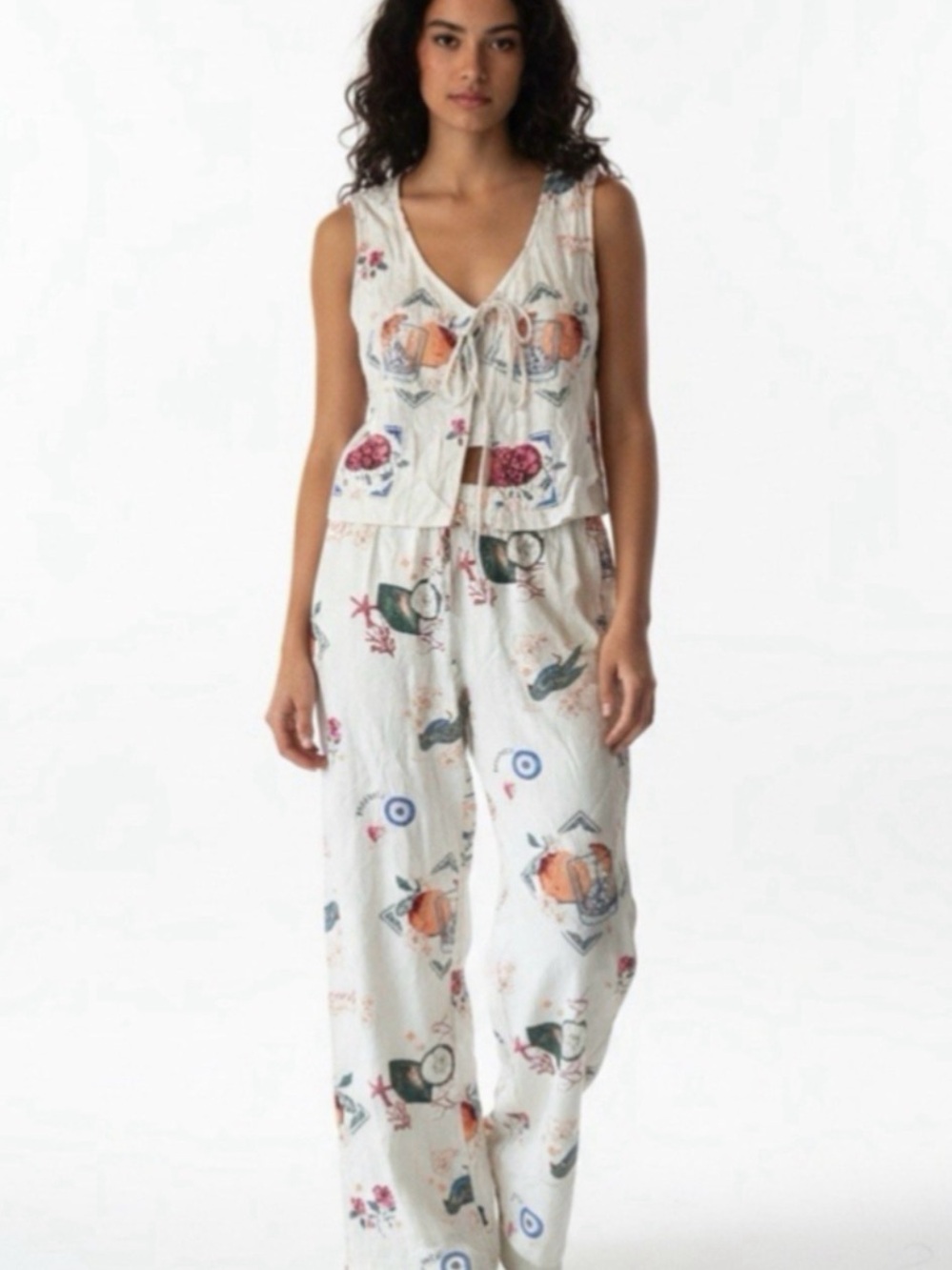 Cali 1850 Floral Print White Wide-Leg Lounge Set with Tie-Front Top Linen Blend - Picture 2 of 11